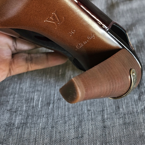 Louis vuitton Plum Patent Leather Metallic Gold Slingback Luxury Heels Size 6 US - Picture 14 of 16